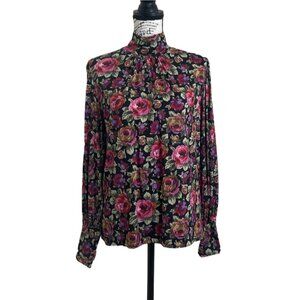 Paris Atelier Women's Size S Top Floral Long Sleeve Mock Neck Black & Pink Roses